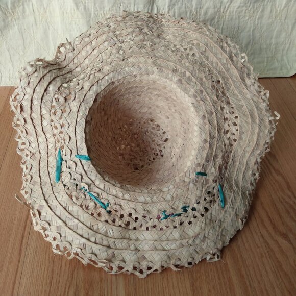 Vintage Straw Sun Hat with Cellophane Flowers Retro Rockabilly Summer Beach Wear - Picture 8 of 12